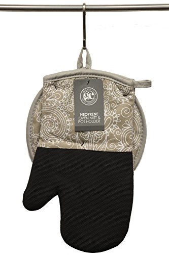 Gourmet Club Oven Mitt & Potholder Set w/Neoprene for Easy Gripping, Heat Resistant up to 500 degrees F, Floral Damask Cobblestone