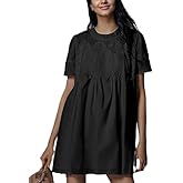 VAOYIU Women Crochet Lace Mini Dress Round Neck Short Sleeve Sheer Mesh Clothing Casual Outfits with Lace Back Design
