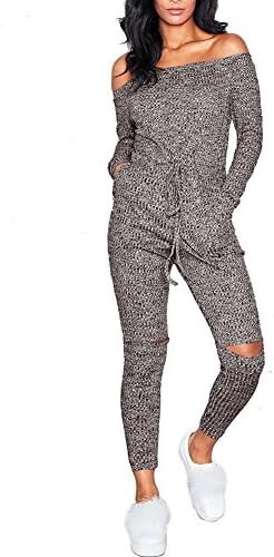 Women Sexy Long Sleeve Drawstring Knee Hole Long Pants Jumpsuit Romper Gray L