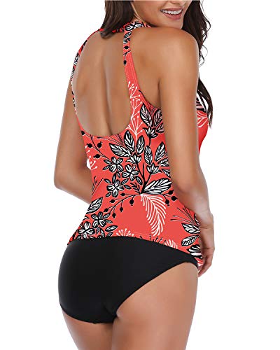 Holipick Women Red Tankini Swimsuits High Neck Swim Tank Tops Tummy Control Two Piece Bathing Suits Halter Swimwear L - Thumbnail 7