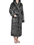 Deluxe Women Fleece Robe with Satin Trim | Luxurious Plush Spa Bathrobe Waffle Design (S/M, Grey)