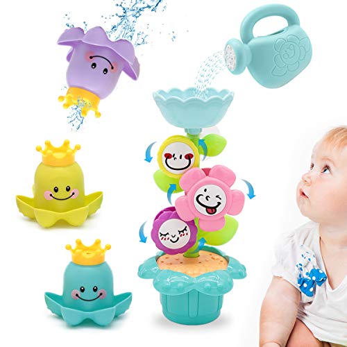 Lydaz Bath Toys Set, Kids Flower Waterfall Water Station, Stacking Cups Watering Can Plus Bath Toy Organizer, 6 PCs Bathtub Bathtime Toys Baby Toddlers