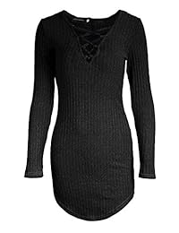 DREAGAL - Mini vestido de manga larga para mujer, cuello redondo, con encaje