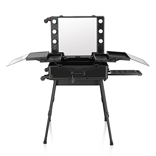 Ovonni LED Makeup Train Case, Lighted Rolling Travel Portable Cosmetic Organizer Box with Mirror & 4 Detachable Wheels, Professional Artist Trolley Studio Free Standing Workstation, Black - Thumbnail 6