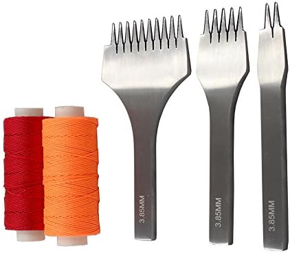 CrazyEve Leather Craft 3.85 mm Spacing 3pcs 2+5+10 Prong Hole Punch Lacing Stitching HSS Puncher WITH 2PCS 0.55MM WAXED CORD