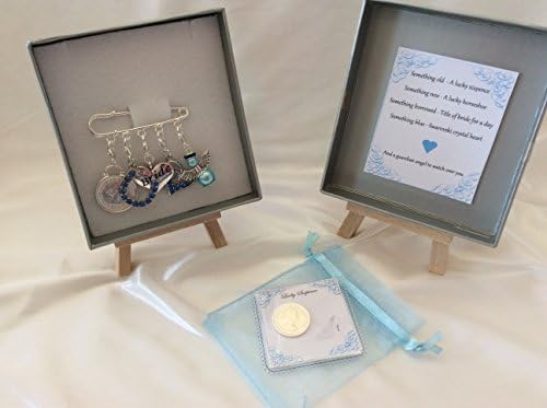 Bridal garter charm pin, wedding gift, something old, something new, something borrowed, something blue & a lucky sixpence for her shoe.
