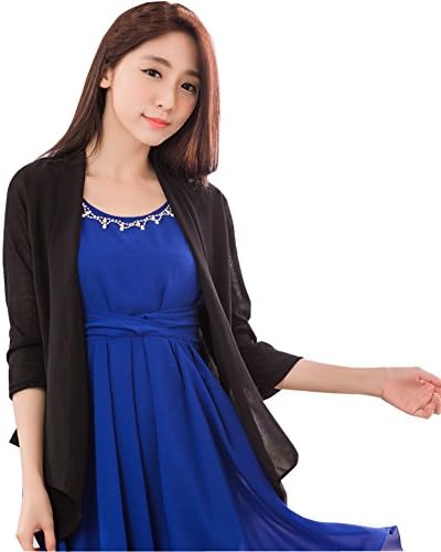 JK2 Women's Knit Chiffon Splice Thin 3/4 Sleeve Big Neck Everyday Cardigan (Black,XXXL)