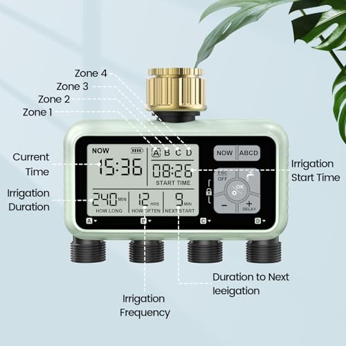 Watering Timer 4 Zone with Brass Inlet, Sprinkler Timer, Programmable Garden Outdoor Hose Faucet Timer with Rain Delay, Auto & Manual Watering System for Garden Lawn
