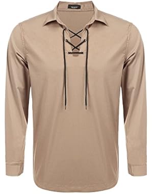 Mens Scottish White Jacobite Ghillie Kilt Shirt Casual Lace-up Shirt Long Sleeve