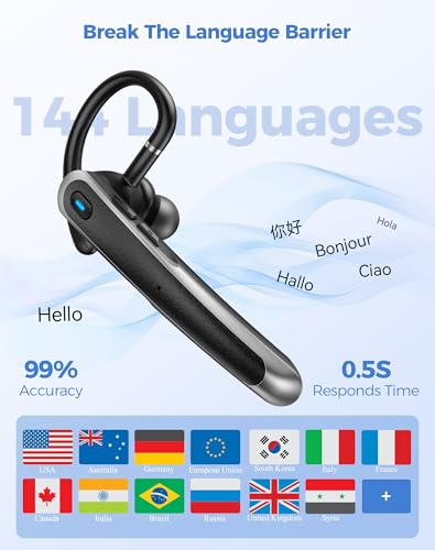 TECKNET Bluetooth Earpiece, Bluetooth 5.4 Wireless Headset with Dual Mic ENC Noise Cancelling & Mute, Real-Time AI Translation, 56H LED Charging Case, Single-Ear Headset for Business, Travel, Truckers