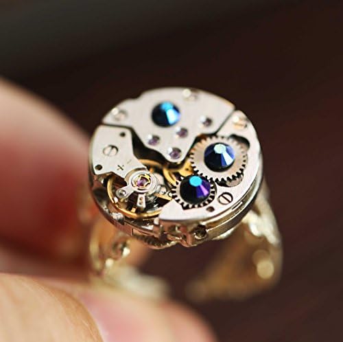 watch movement dark blue Swarovski Crystals adjustable vintage ring,Steampunk Mechanical ring
