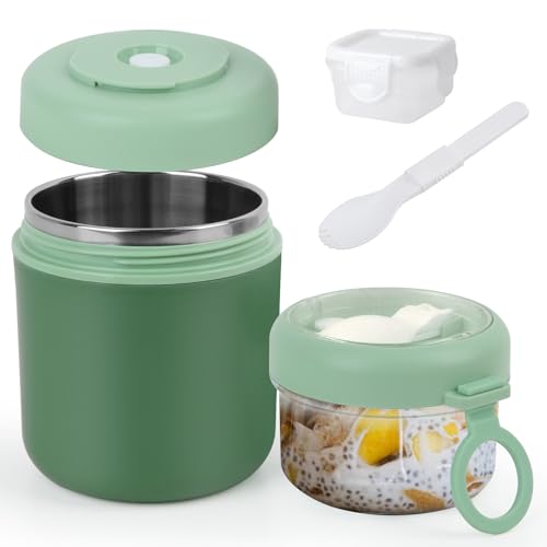 41OoMtIPmgL Geekhom Müslibecher To Go Edelstahl 530Ml+330Ml, Joghurt Und Müsli To Go Becher Mit Löffel &Amp; Soßenbox - Auslaufsicher, Isoliert, Spülmaschinenfest, Ideal Für Arbeit, Schule, Picknick (Grün)