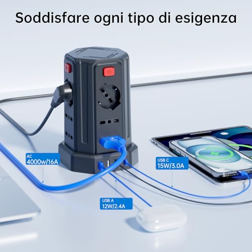 Power Strip 3 m with 12 Universal Sockets 10/16A ITA and Schuko and 3 USB A+1 USB C Overvoltage Protection with 4 Independent Switches, Black