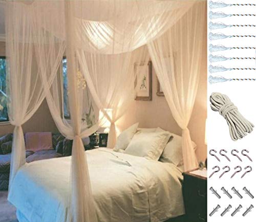 MOSQUITO NET for Double Bed by Comtelek, Four Corner Post Elegant Mosquito Net Bed Canopy Set, Stick hook &profession rope for net, Screen Netting Canopy Curtains, Full/Queen/King