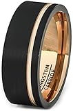 Duke Collections Mens Wedding Band 8mm Black Brushed Tungsten Ring Thin Side Rose Gold Groove Flat Edge Comfort Fit