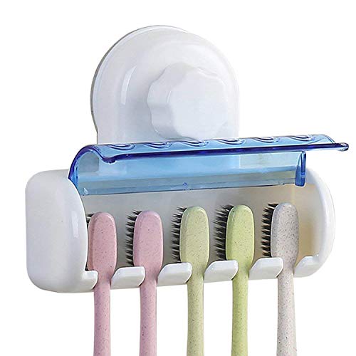 Plabingo Toothbrush Holder, Wall Mounted Toothbrush Storage Organizer with Cover, Perfect for Traveling, Bathrooms & More, Holds 5 Toothbrushes,TZ-1937,White-Blue