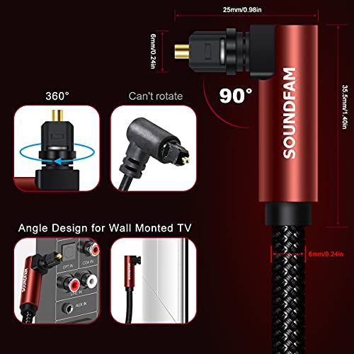 SOUNDFAM 90 Degree Optical Audio Cable [New Wine Red 6.6ft/2m] Digital Fiber Optic Toslink Cable(S/PDIF) for Sound Bar, TV,Home Theater, Xbox,PS4,Playstation