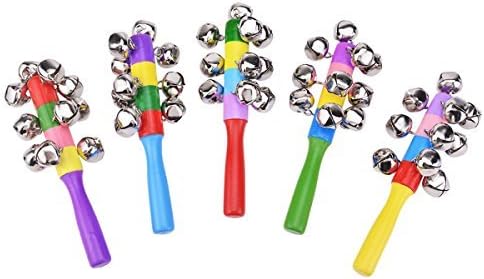 Bondream 5pcs Vivid Color Rainbow Handle Wooden Bells Jingle Stick Shaker Rattle Baby Kids Children Musical Toys