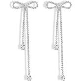 Glitter Rhinestone Bowknot Tassel Stud Earrings Fashion Crystal Bow Long Tassel Dangle Earrings Jewelry for Women Wedding Birthday GIfts