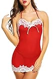 Avidlove Women Sexy Lingerie Halter Backless Lace Trim Babydoll G-String 2 Piece Set Sleepwear,Red,Small