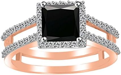 Jewelryhub 14k Rose Gold Plated 925 Sterling Silver 1.00 Ct Princess Cut Black Sapphire and Simulated Diamond Halo Engagement Ring for Women