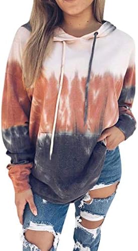 Women's Hooded Autumn Winter Tie Dye Printing Gradient Sweatshirt Long Sleeve with Cap Jacket Blouse