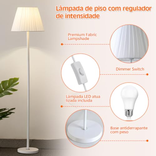 Luminária de Chão com Cúpula de Tecido, Estilo Minimalista, Inclui Lâmpada LED 12W, Iluminação Suave para Sala e Quarto, Base Estável