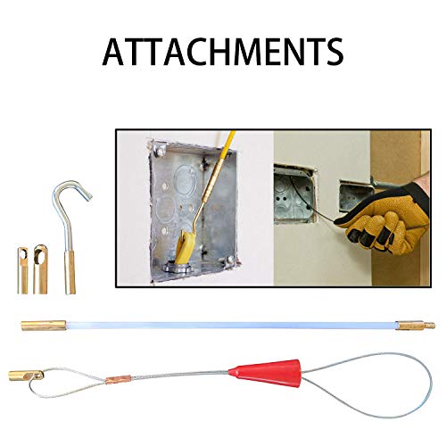 11' Fishing Rod Fiberglass Fish Tape Wire Running Coaxial Electrical Connectable Pull Kit with Hook, Hole Kit and Fastener Steel Rope in Transparent Tube, Yellow - Thumbnail 2