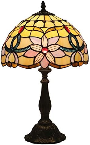 DECORATZ Tiffany Style 12 inches Desk Lamp,Classical Art Handmade Color Antique Glass Lampshade, Retro Vintage Old Decoration Table Lighting Fixture for Bedroom Bedside-alloyBase