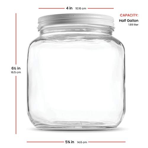 Half Gallon Glass Mason Jar (64 Oz 2 Quart) 4 Pack Wide Mouth, Metal Airtight Lid, USDA