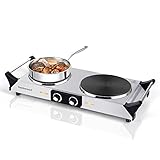 Hot Plate, Techwood 1800W Portable Electric Stove for Cooking Countertop Dual Burners with Adjustable Temperature & Handles, 7.5” Cooktop for Home/RV/Camp, Compatible for All Cookwares, Silver