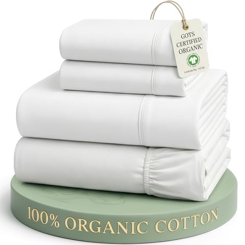 Lane Linen Bed Sheets Queen 100% Organic Cotton Sheets - White | GOTS Certified, 4pc Bedding Set, 15" Pocket, Percale Weave, Highly Breathable, Machine Washable, Cold Wash Safe