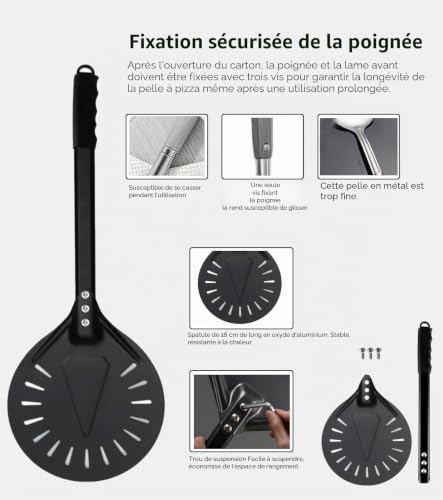 ZUGJOZD Set of perforated pizza peel, anodized aluminum pizza peel with comfortable and removable handles, including 7 and 12 in pizza shovel for turning and transporting pizzas.