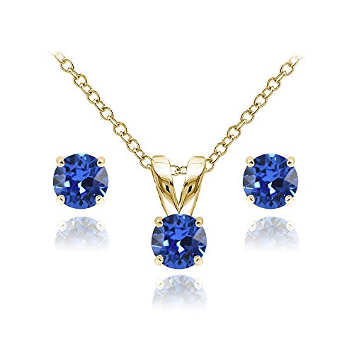 Yellow Gold Flashed Sterling Silver Solitaire Blue Necklace and Stud Earrings Set created with Swarovski Crystals