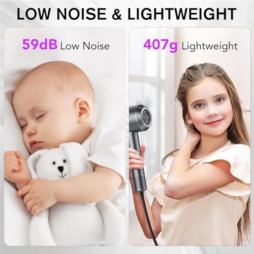 Hair Dryer, 160,000 RPM Professional Hair Dryer with 500 Million Negative Ions, 3 Speeds & 4 Temperature, Low Noise, Magnetic Diffuser and Nozzle Included