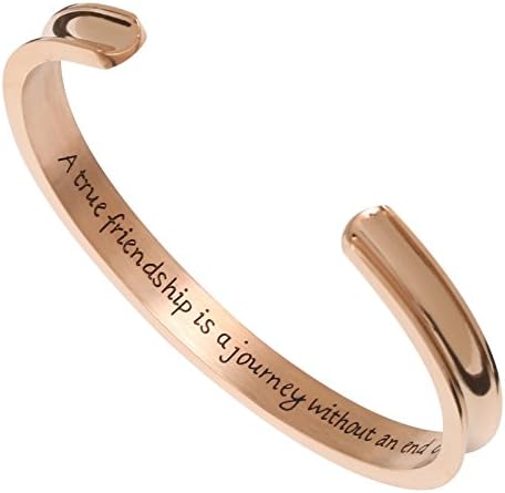 Premium Stainless Steel Inspirational Cuff Bangle Bracelet - "A true friendship is a journey without an end" (Grooved Cuff - Rose Gold)
