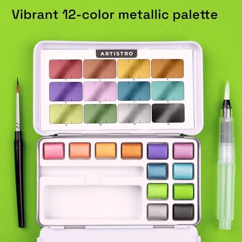 ARTISTRO Metallic Watercolor Paint Set 12 Colors, Travel Watercolor with Metallic Watercolor Paints, Water Color Paint Sets for Kids, Mini Water Colors Paint Adult Set for Beginners and Amateurs