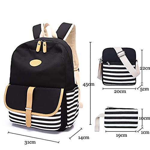School Backpack, Aiduy Student Canvas Bookbag Lightweight Laptop Bag with Shoulder Bags and Pen Case for Teen Boys and Girls (Black) - Thumbnail 3