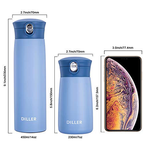Diller Thermos Water Bottle, Coffee Travel Mug 16 or 8 oz Kids Mini Water Bottle Tumbler with Spout Lid, Leak Proof Flask for Kids and Women Keep 12H Piping Hot & 24H Cold (Blue, 16 oz)