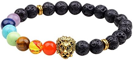 ASAKUSAIREN 7 chakras healing bracelet Lava Rock Stone Elastic Bangle Gold Lion Head