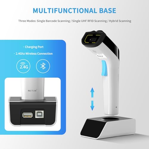 NETUM Wireless Hybrid RFID 2D Barcode Reader UHF RFID Tag Reader and QR 1D/2D Barcode Reading Via Bluetooth Connection for Retail Hospitality System DS8500