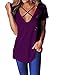 Imily Bela Womens V Neck T Shirts Summer Casual Short Sleeve Loose Tshirts Side Slit Basic Tees ( Purple, Medium)