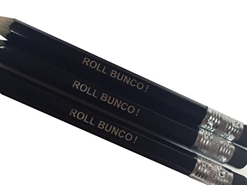 1 Dozen Bunco Pencils. ROLL BUNCO! Black Pencils with Eracers - Set of 12 Pencils for Bunco Parties