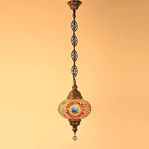 Woodymood Ceiling Mosaic Chandelier, Handmade, Turkish, Moroccan, Brass&amp;Glass 7 " Globe (Flame)