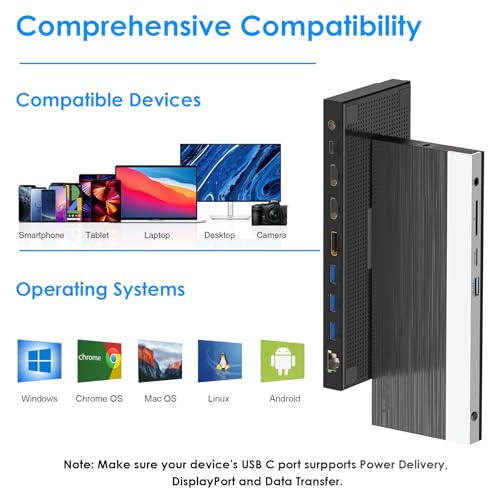 WAVLINK USB C Docking Station, 4k Triple Display Dock, Support 100W for PC with DisplayPort, HDMI Adapter, USB 3.0, Gigabit Ethernet, SD/TF Card Slot, Audio Jack