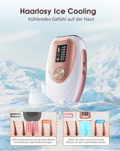 Haarlosy IPL Hair Removal Device with Cooling Function, 999,900 light pulses, 5 energy levels. Pain-free IPL hair removal for women, men, the bikini line, the body and legs