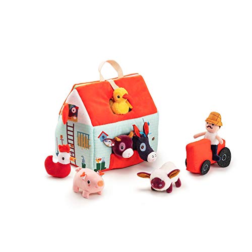 Lilliputiens - Mein erster Bauernhof - Lehrreiches Stoffspielzeug mit Tieren und Bauer - Fördert Motorik und Fantasie - Mit 8 Zubehörteilen und Tragegriff - Spielzeug zur Frühförderung - Ab 18 Monaten
