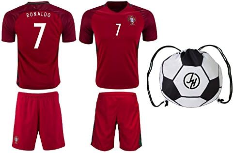 JerzeHero Portugal Ronaldo #7 Kids Youth Soccer Gift Set ✓ Soccer Jersey ✓ Shorts ✓ Soccer Ball Drawstring Bag ✓ Home or Away ✓ Short Sleeve or Long Sleeve (YXS 4-6 yrs, Home Short Sleeve)