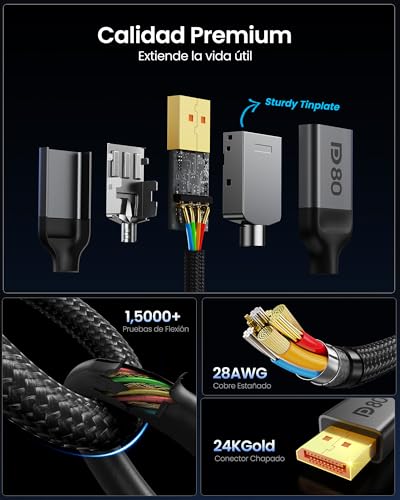 Silkland 80Gbps DisplayPort 2.1 [Certificado VESA], Display Port 2M, [8K@240Hz, 4K@540Hz 360Hz 240Hz] 16K, DP80 HDR DSC, Soporta FreeSync&G-Sync monitor para juegos 5090 7900XTX