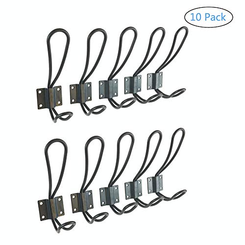 10 Pack Rustic Coat Hooks with 50Pcs Metal Screws, Double Big Vintage Wall Mounted Hangers Set, Coat Rack Bathroom Towel Hanger, Perfect Decorative Entryway Hanging Hooks, Black